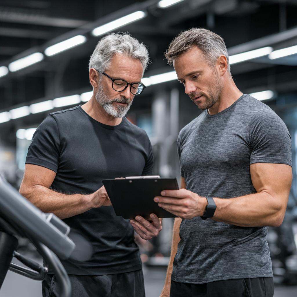 Experienced middle-aged man consulting with professional fitness trainer in modern gym environment